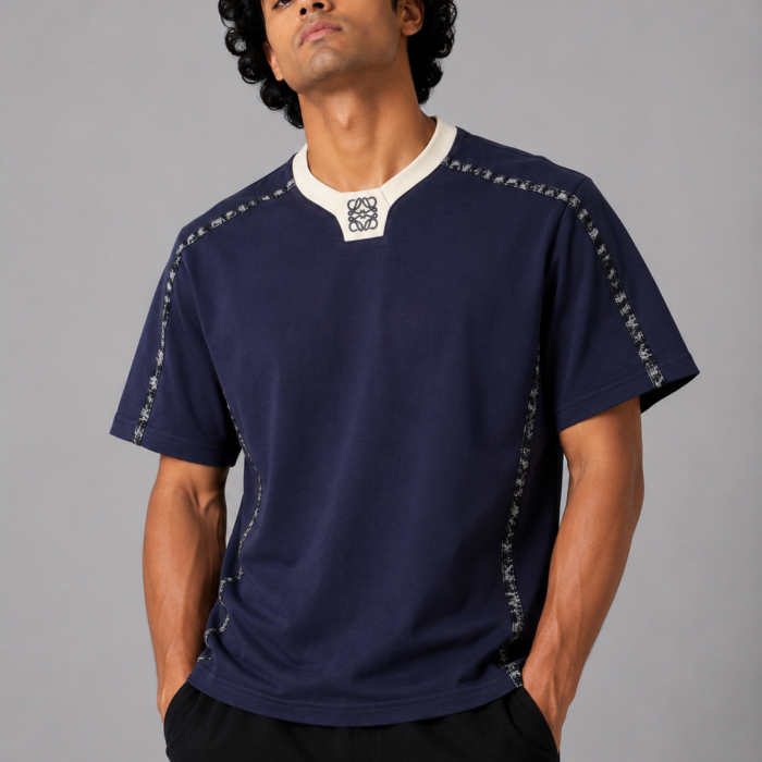 Navy Blue V-Notch Collar Downshoulder T-Shirt with Patterned Piping