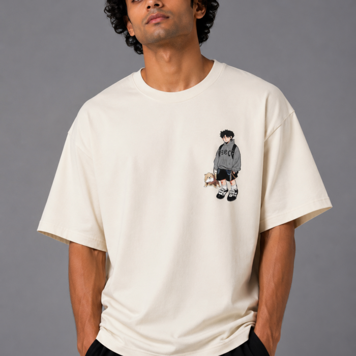 Cream Drop Shoulder Anime Character Graphic T-Shirt
