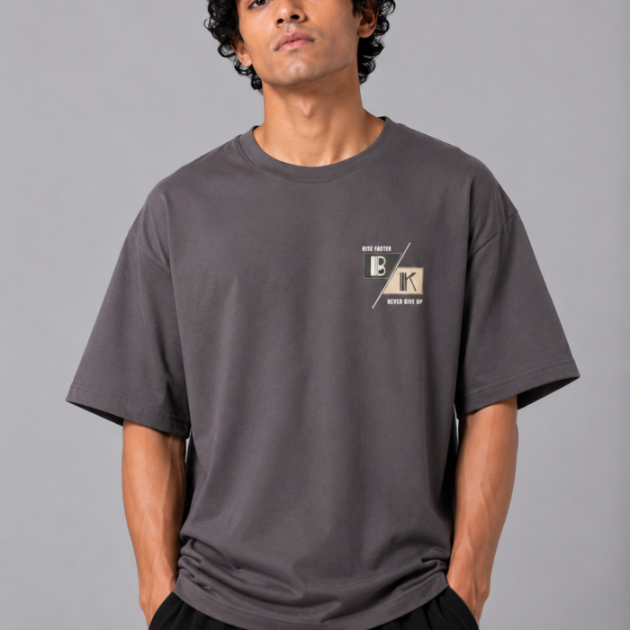 Charcoal Grey Drop Shoulder Block Graphic T-Shirt