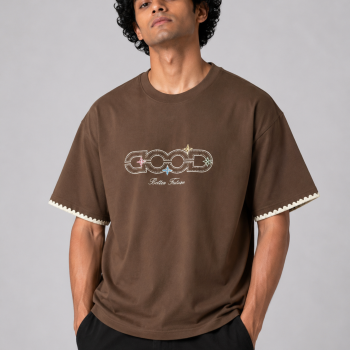 Chocolate Brown Drop Shoulder Scalloped Trim T-Shirt