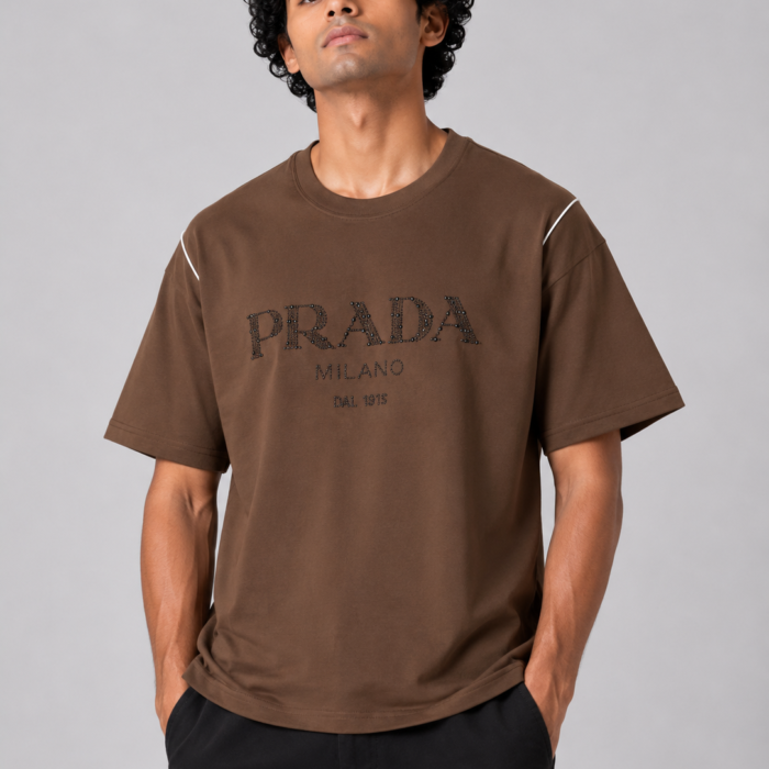 Brown Drop Shoulder Rhinestone Typography T-Shirt