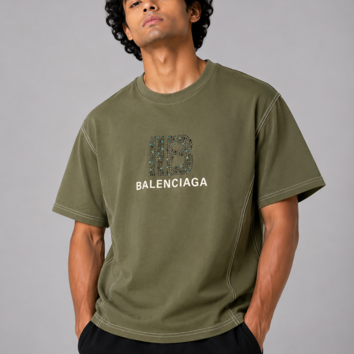 Olive Green Drop Shoulder Rhinestone Embellished T-Shirt