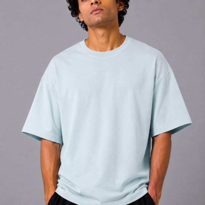 Solid Ice Blue Oversized Drop Shoulder T-Shirt