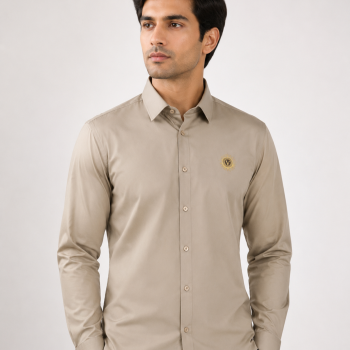 Premium Stitchless Beige Button-Down with Crest
